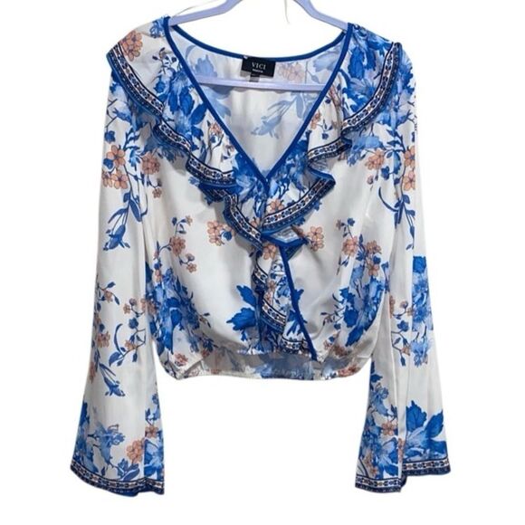 VICI Medium Blue Floral Ruffle Long Sleeve Cropped Blouse Boho Romantic Top - Picture 1 of 11